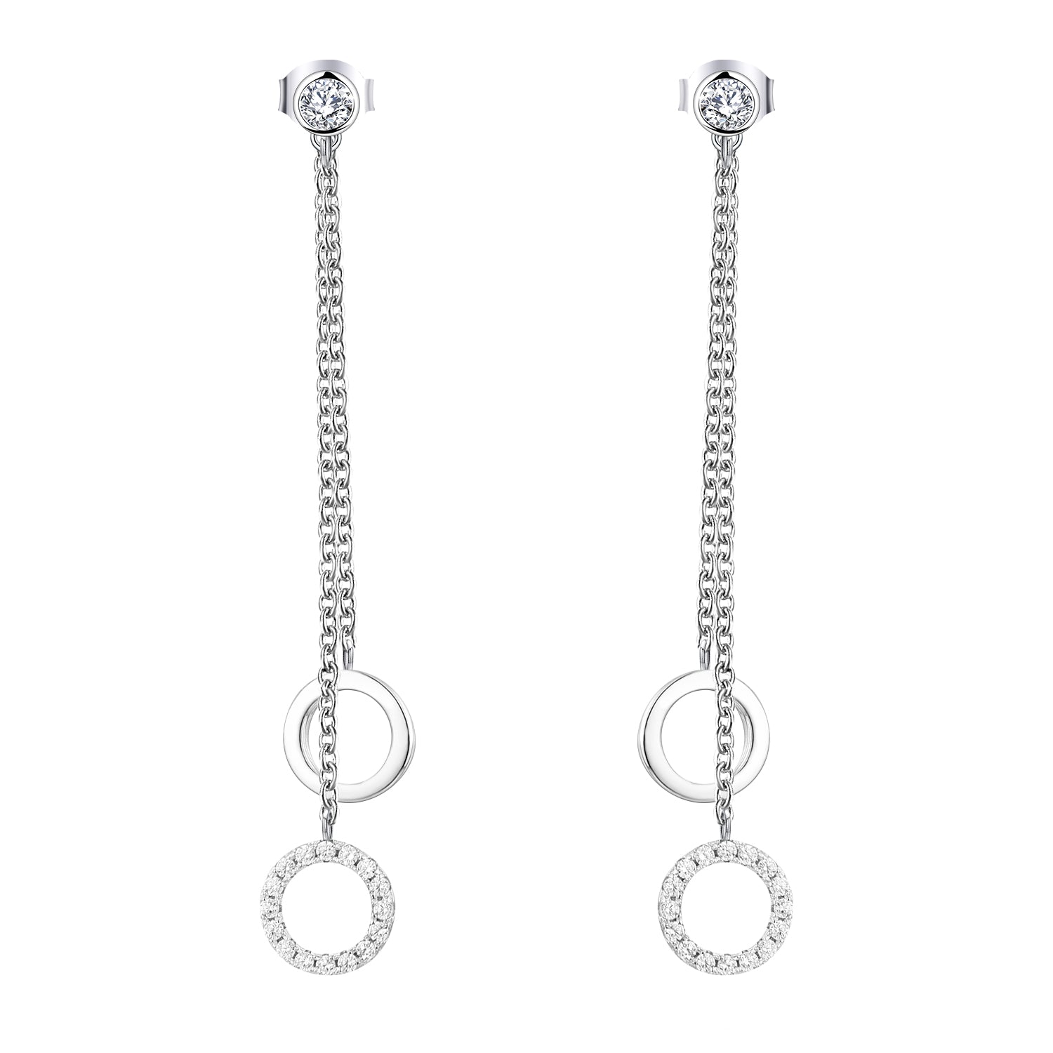 Farjary 925 Sterling Silver Double Circle Long Chain Drop Earrings With Cubic Zirconia