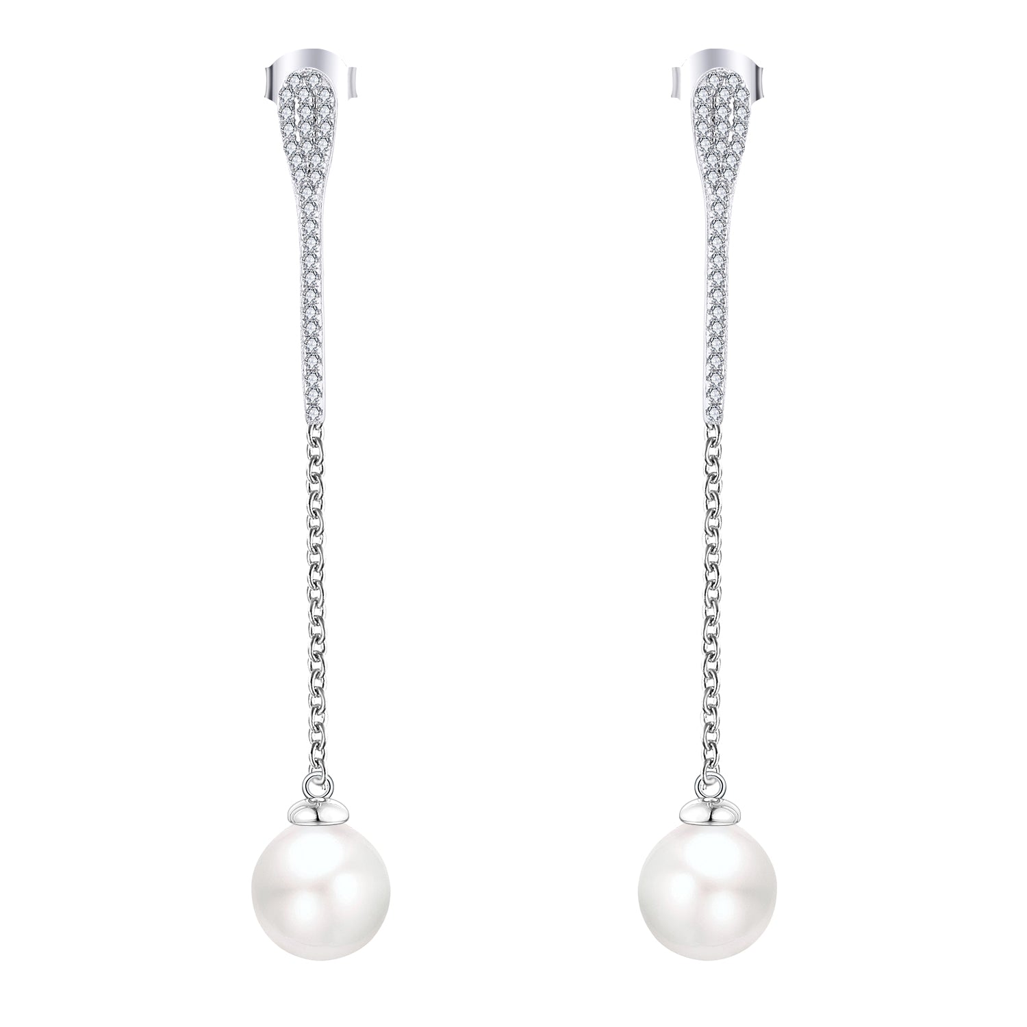 Farjary Solid 925 Silver Long Bar Earring With Long Chain and 9MM Pearl