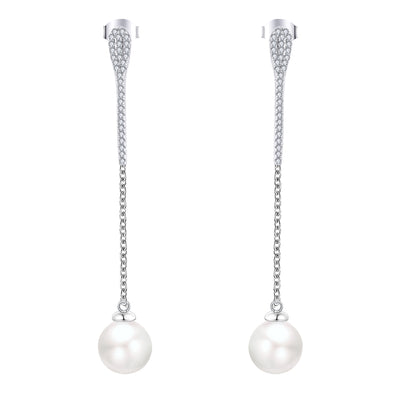 Farjary Solid 925 Silver Long Bar Earring With Long Chain and 9MM Pearl