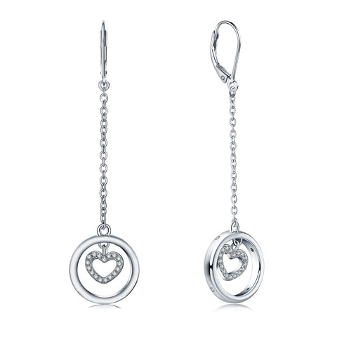 Farjary Fashion 925 Silver Heart And Circle Drop Earring With Cubic Zirconia