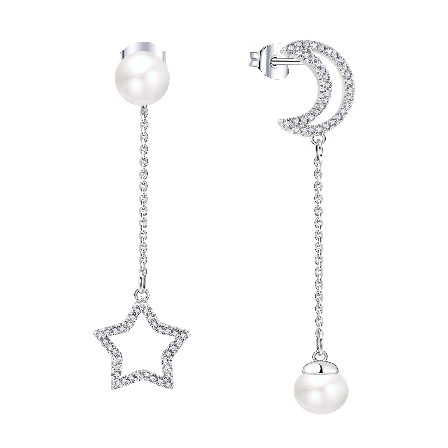 FarjarySolid 925 Silver Full CZ Moon and Star Asymmetrical Long Earrings With 8MM Freshwater Pearl