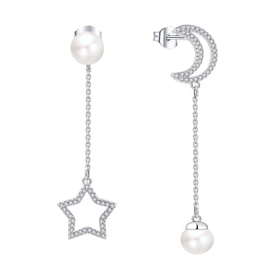 FarjarySolid 925 Silver Full CZ Moon and Star Asymmetrical Long Earrings With 8MM Freshwater Pearl