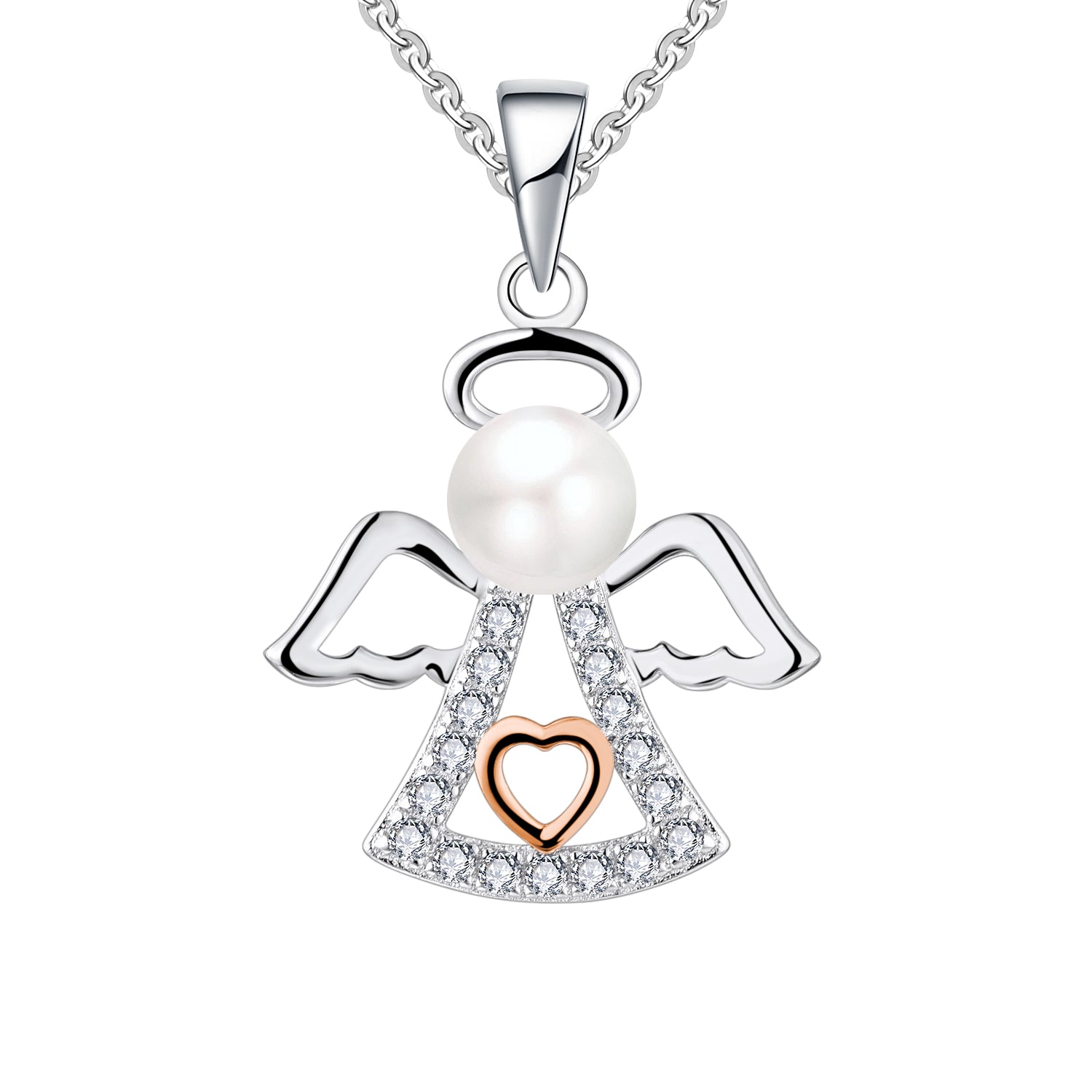 Farjary 925 Sterling Silver 6MM Pearl Guardian Angel Pendant necklace With Rose Gold Heart