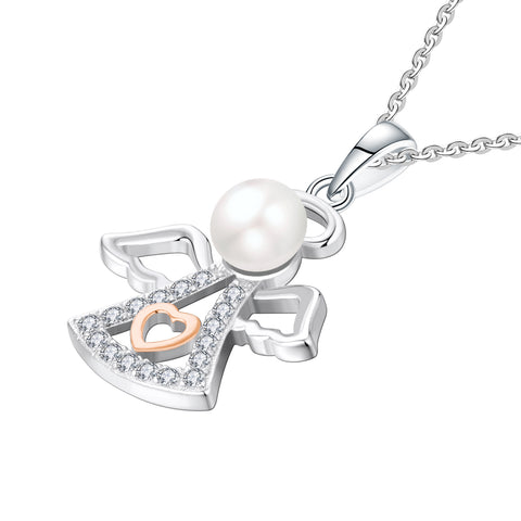 Farjary 925 Sterling Silver 6MM Pearl Guardian Angel Pendant necklace With Rose Gold Heart