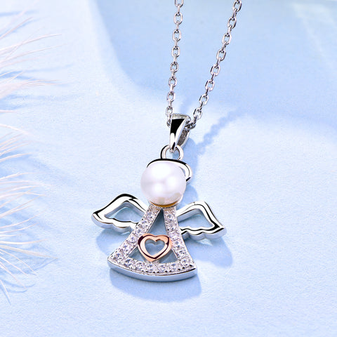 Farjary 925 Sterling Silver 6MM Pearl Guardian Angel Pendant necklace With Rose Gold Heart