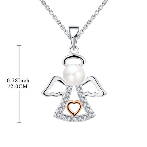 Farjary 925 Sterling Silver 6MM Pearl Guardian Angel Pendant necklace With Rose Gold Heart