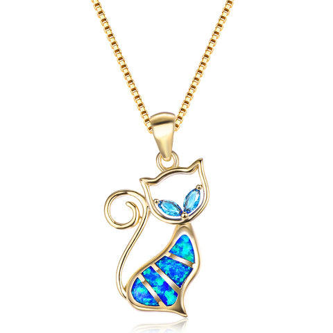 18K Gold Plated Fire Opal Necklace wiht Cat Pendant Necklace