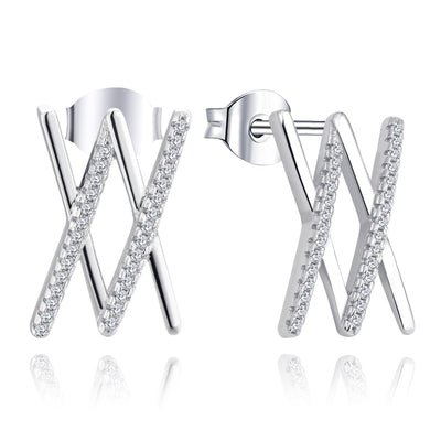 Farjary Fashion Ladies Double X Stud Earrings with 0.3cttw Diamonds in 9K White Gold