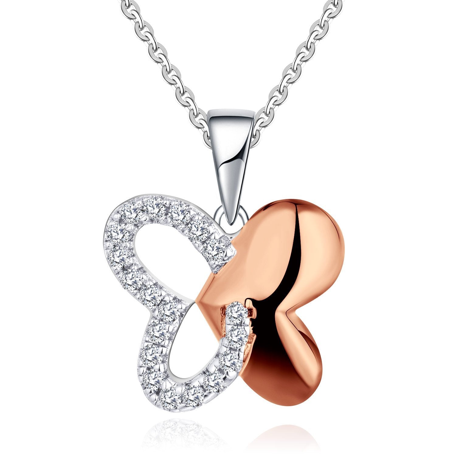 Women's Fashiont 9K White and 14K Rose Gold Cute butterfly with 0.14ct Diamond Necklace By Farjary