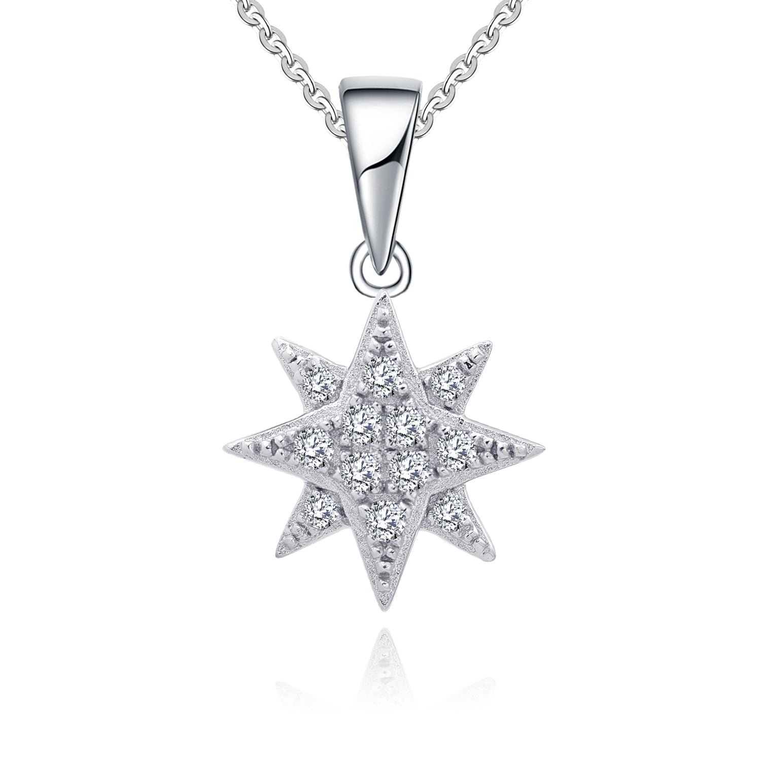 FJ 9K White Gold North Star Necklace with 0.12cttw Round Diamond