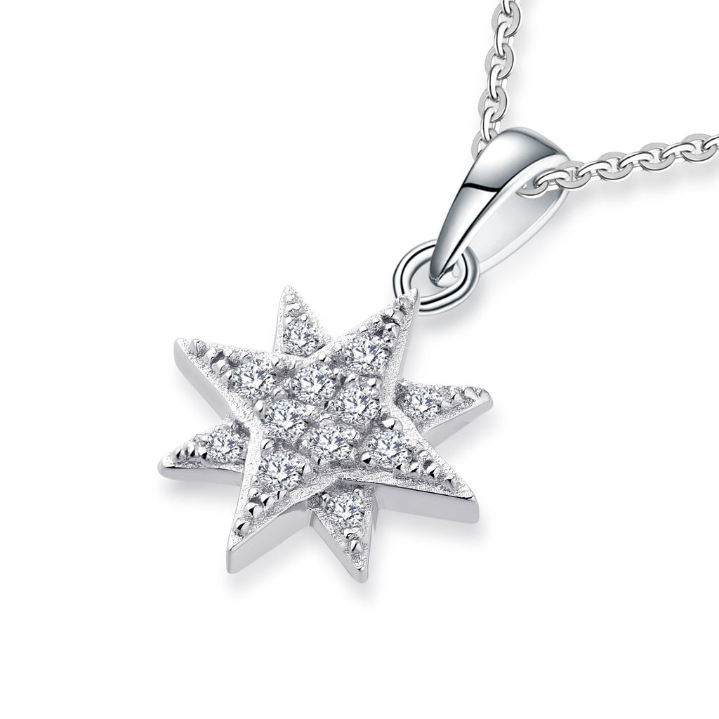FJ 14K White Gold Firework Star Necklace in Rice Character with 0.12cttw Round Diamond