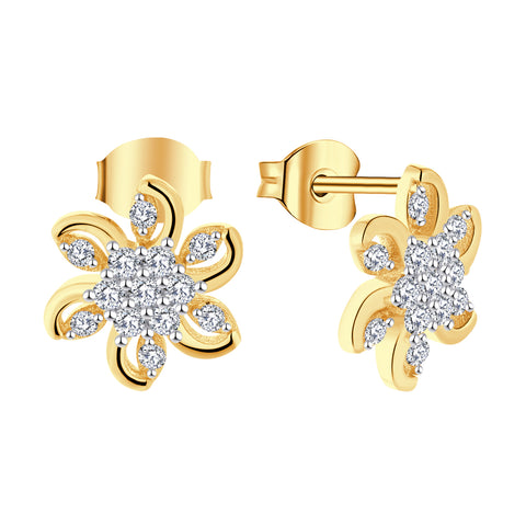 Farjary Ladies Elegant 14K Yellow Gold  Flower Stud Earrings with 0.21cttw Round Brilliant Diamond