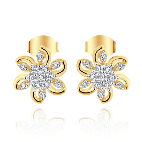 Farjary Ladies Elegant 14K Yellow Gold  Flower Stud Earrings with 0.21cttw Round Brilliant Diamond