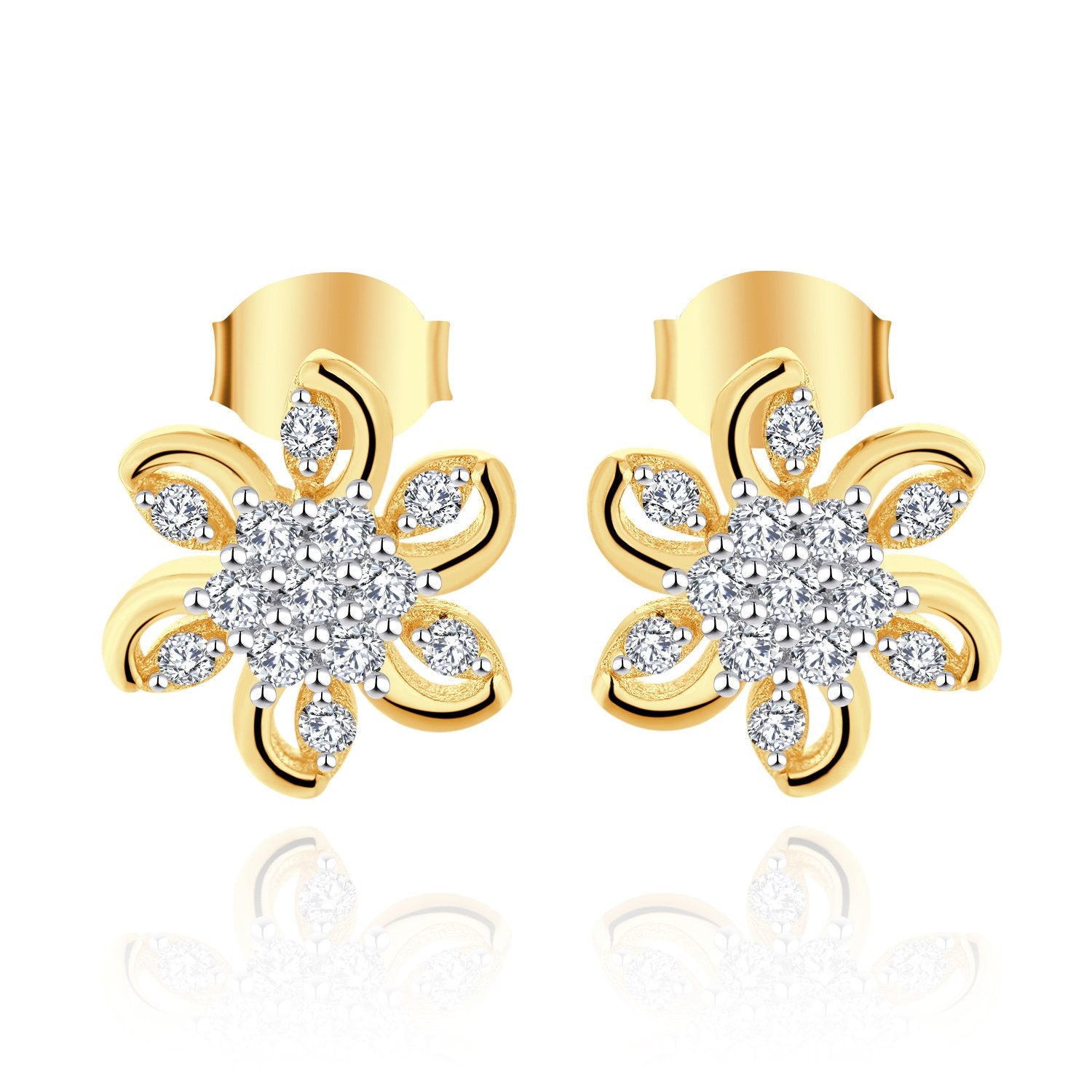 Farjary Ladies Elegant 9K Yellow Gold  Flower Stud Earrings with 0.21cttw Round Brilliant Diamond