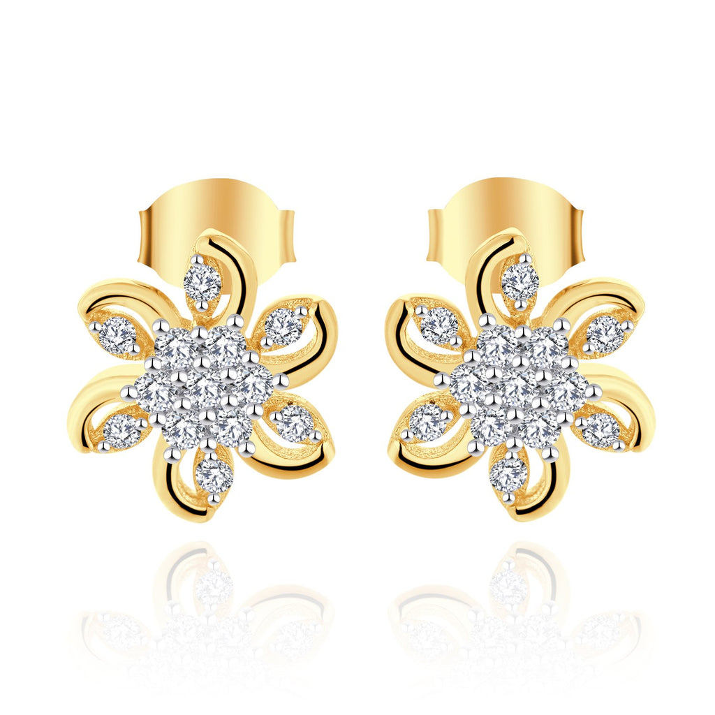 Farjary Ladies Elegant 9K Yellow Gold  Flower Stud Earrings with 0.21cttw Round Brilliant Diamond