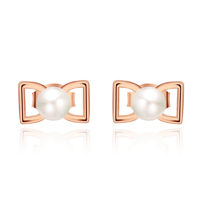 Farjar Elegant 5.0 MM White Freshwater Pearl Bow Stud Earrings 9K Rose Gold