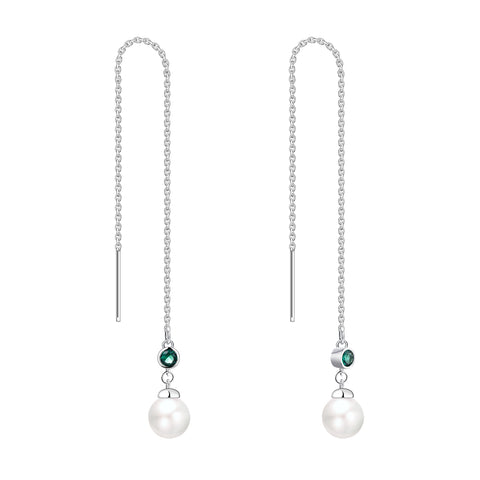 Farjary 925 Silver Medium Long Chain Earrings With Created Emerald And 8MM Pearl