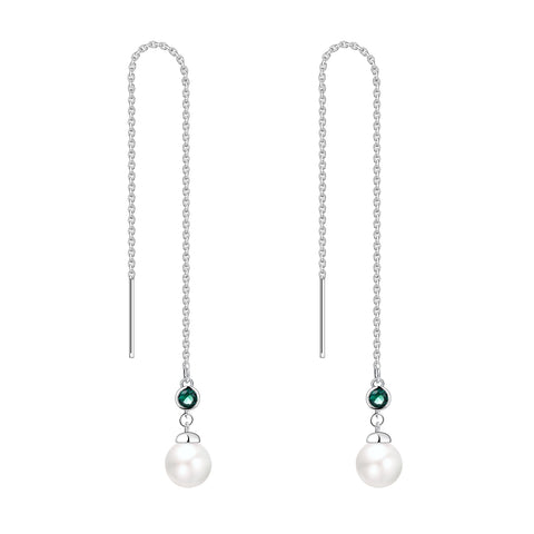 Farjary 925 Silver Medium Long Chain Earrings With Created Emerald And 8MM Pearl