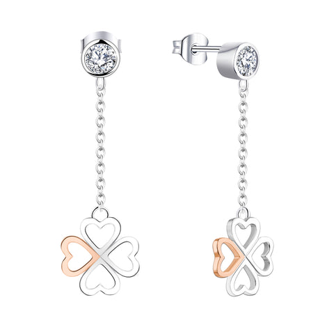 Farjary 925 Silver Medium 4 Leaf Clover Drop Earrings In Rose Gold and Silver