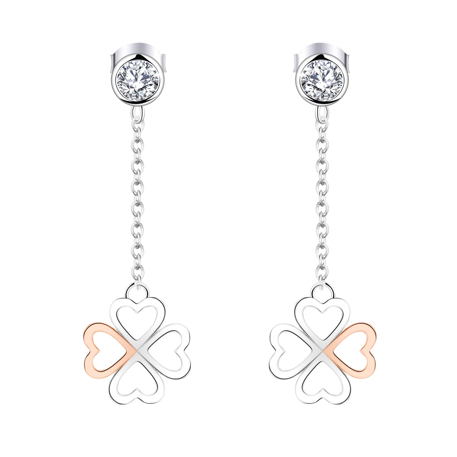 Farjary 925 Silver Medium 4 Leaf Clover Drop Earrings In Rose Gold and Silver