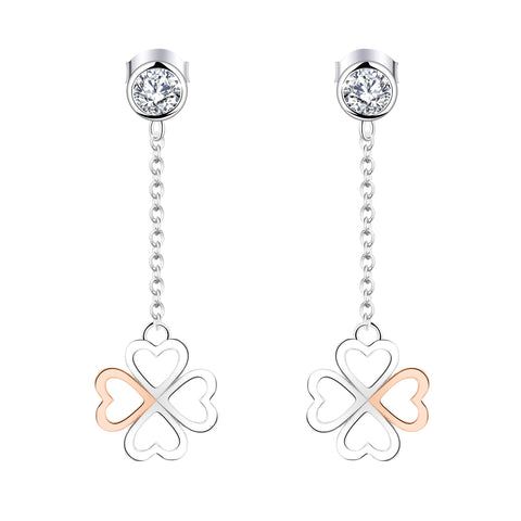 Farjary 925 Silver Medium 4 Leaf Clover Drop Earrings In Rose Gold and Silver