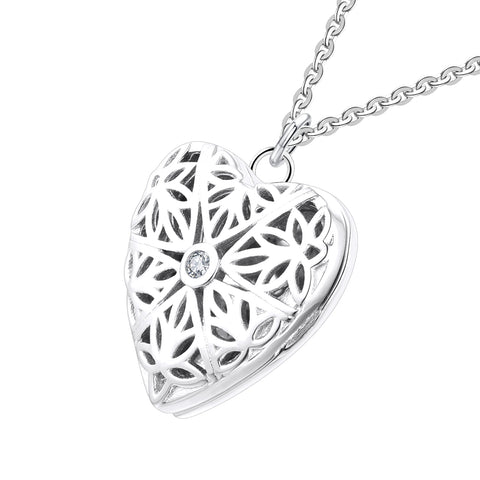 Farjary 925 Silver Medium Hollow Heart Shape Locket Pendant With CZWith 18 Inch Necklace