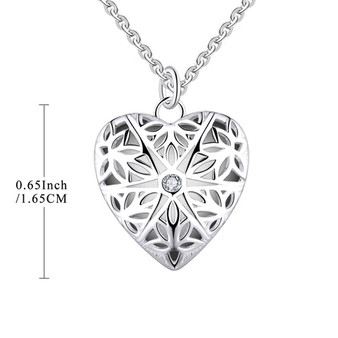 Farjary 925 Silver Medium Hollow Heart Shape Locket Pendant With CZWith 18 Inch Necklace