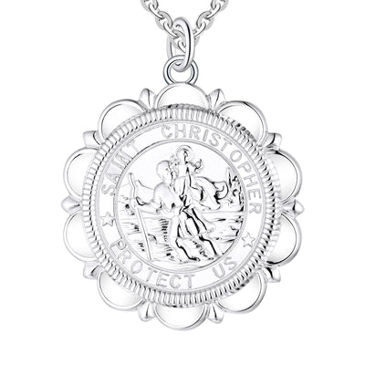 Farjary Jewelry Solid 925 Silver St. Christopher Protector of Travelers Medallion Necklace
