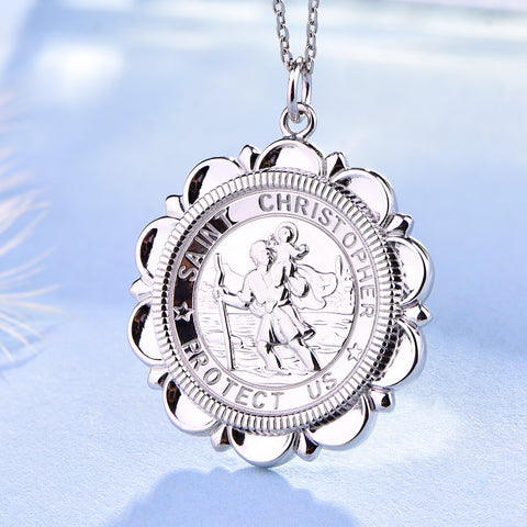 Farjary Jewelry Solid 925 Silver St. Christopher Protector of Travelers Medallion Necklace