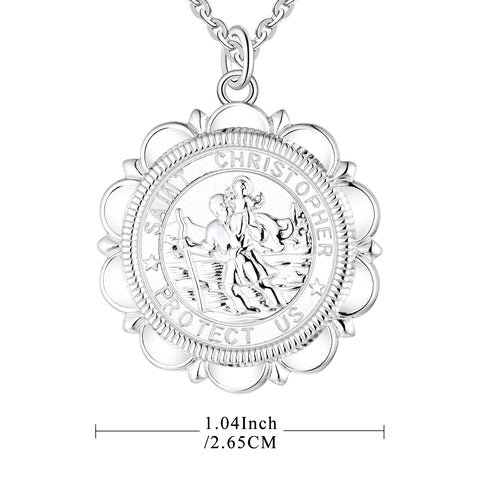 Farjary Jewelry Solid 925 Silver St. Christopher Protector of Travelers Medallion Necklace