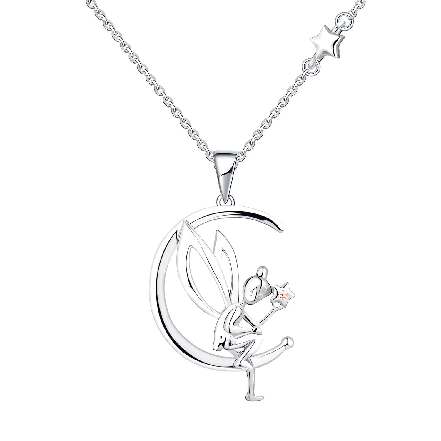 Farjary 925 Silver Moon and Fairy Neckace Asymmetry Necklace for Women Ladies