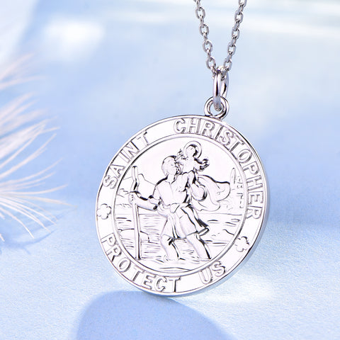 Farjary Jewelry Solid 925 Silver St. Christopher Round Coin Pendant