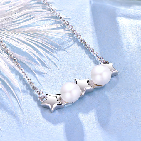 Farjary 925 Sterling Silver Adorable Star and Pearl Necklace