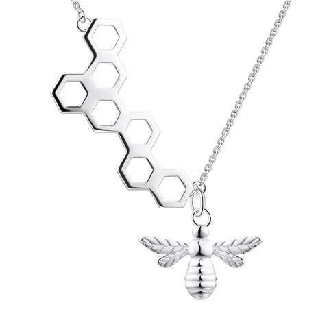 Farjary Sterling Silver Honeycomb with Little Bee Asymmetrical Necklace