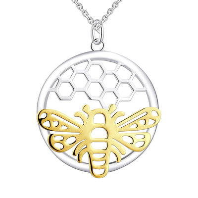 Farjary Silver Honeycomb Disc With a Yellow Gold Plated Bee Pendant Necklace