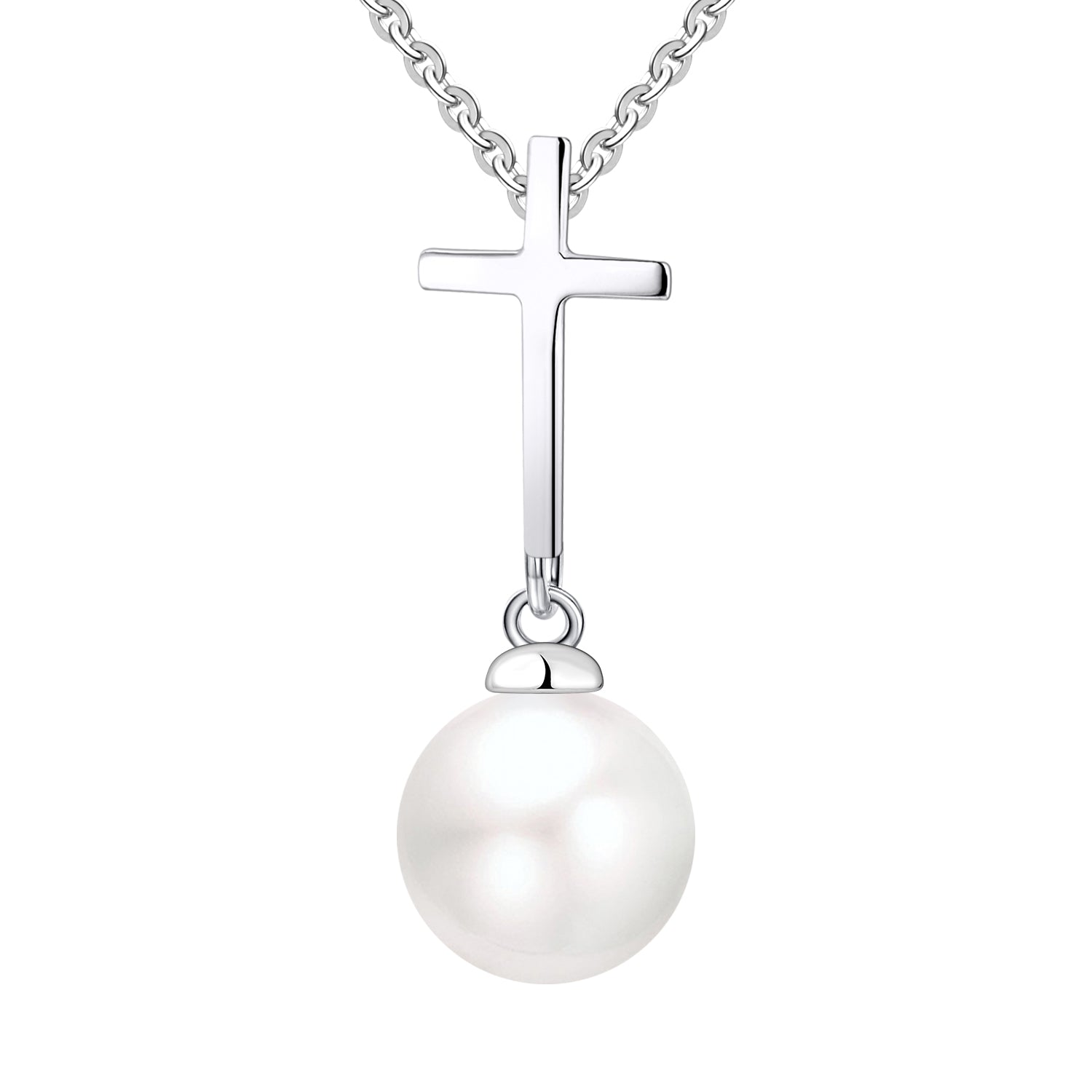 Farjary Pearl Jewelry Solid 925 Silver 7MM Pearl Cross Pendant Necklace