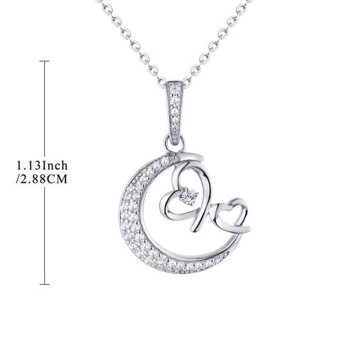 Moon & Double Heart Sterling Silver Necklace With CZ