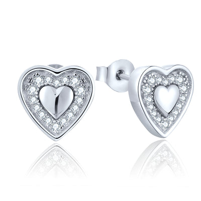 Sterling Silver Heart Stud Earrings With CZ Halo