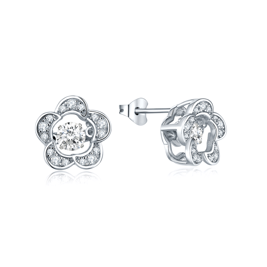 925 Silver Dancing CZ Stone Flower Stud Earrings