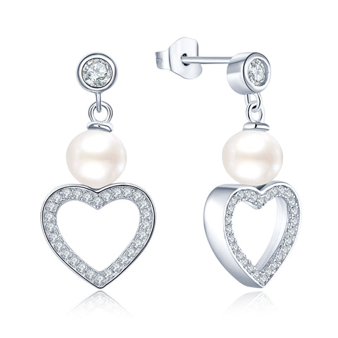 Sterling Silver Freshwater Pearl Heart Drop Earrings