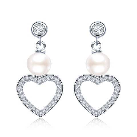 Sterling Silver Freshwater Pearl Heart Drop Earrings