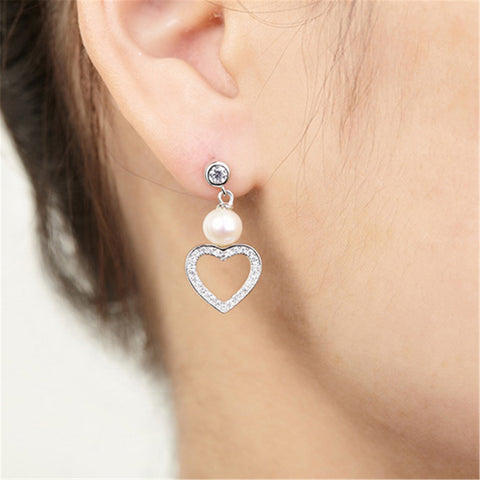 Sterling Silver Freshwater Pearl Heart Drop Earrings