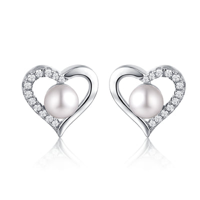 Sterling Silver Heart Shape Pearl Stud Earrings