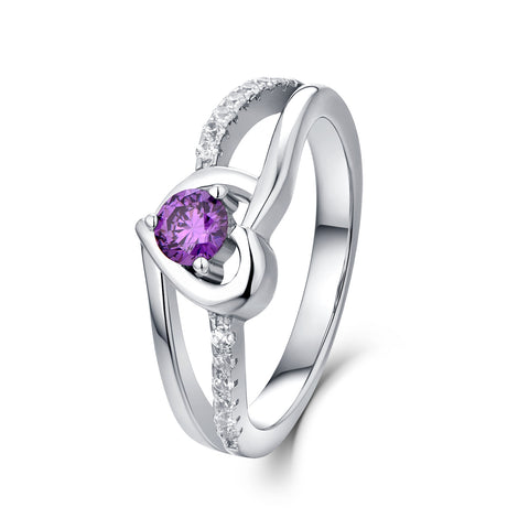 925 Silver Created Amethyst Split Shank Heart Ring With CZ