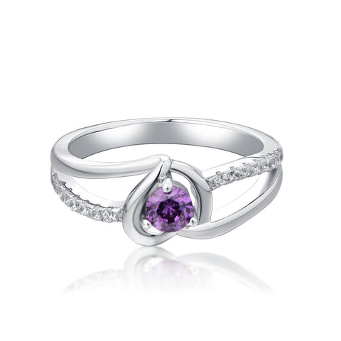 925 Silver Created Amethyst Split Shank Heart Ring With CZ