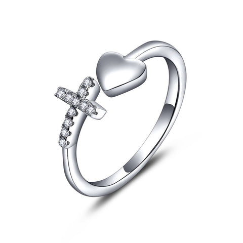 Silver White Cubic Zirconia Cross Heart Ring