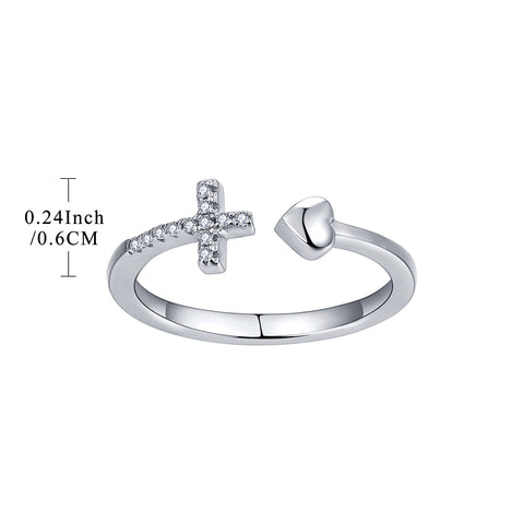 Silver White Cubic Zirconia Cross Heart Ring