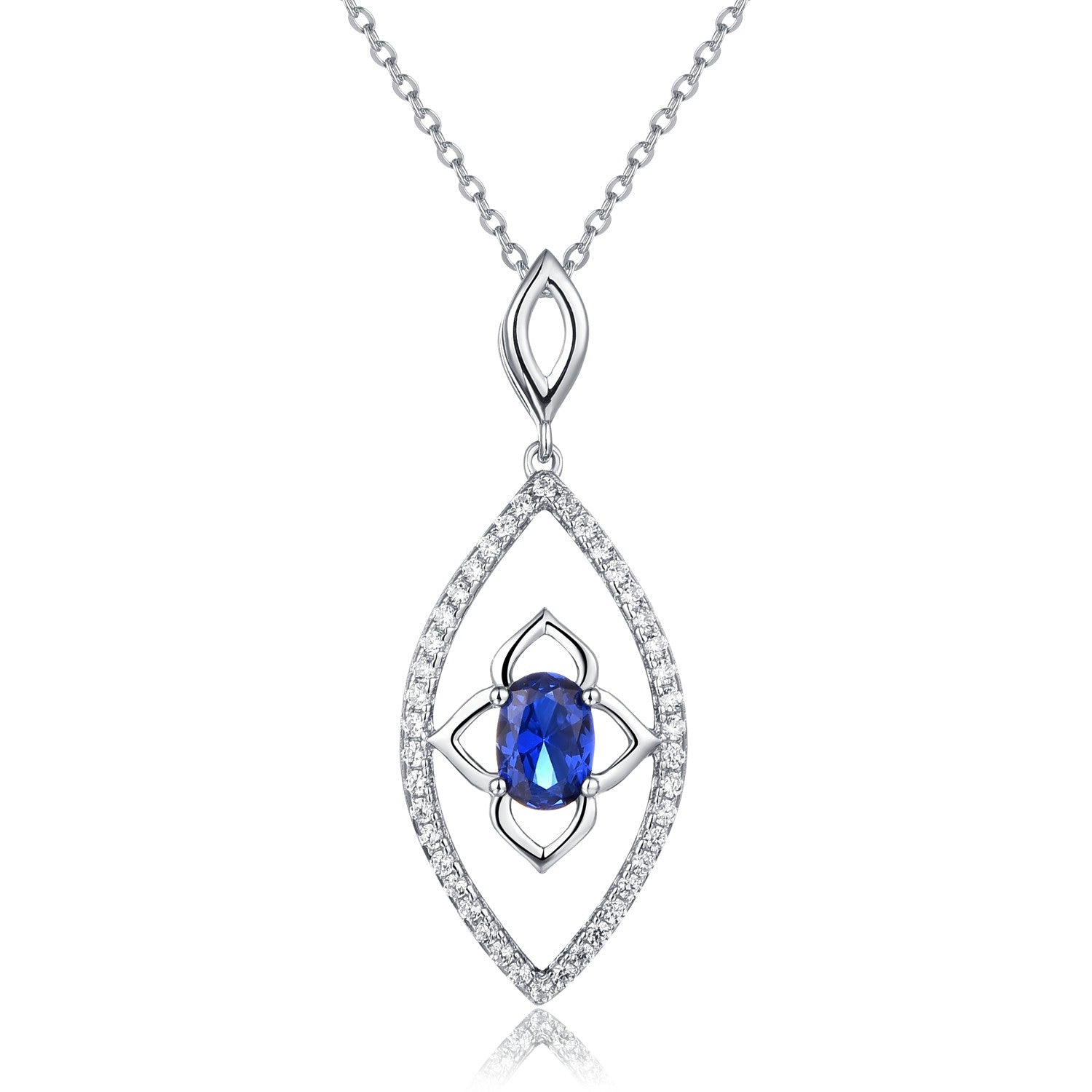 Sterling Silver Leaf Necklace Built-In Blue Spinel Flower