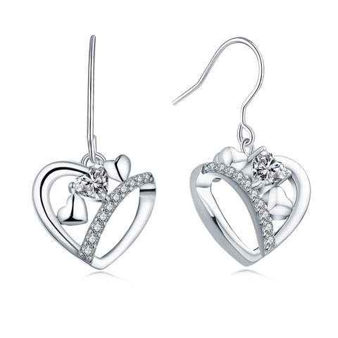 Sterling Silver Open Heart Drop Earrings With Topaz