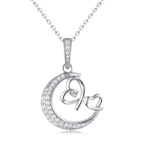 Moon & Double Heart Sterling Silver Necklace With CZ